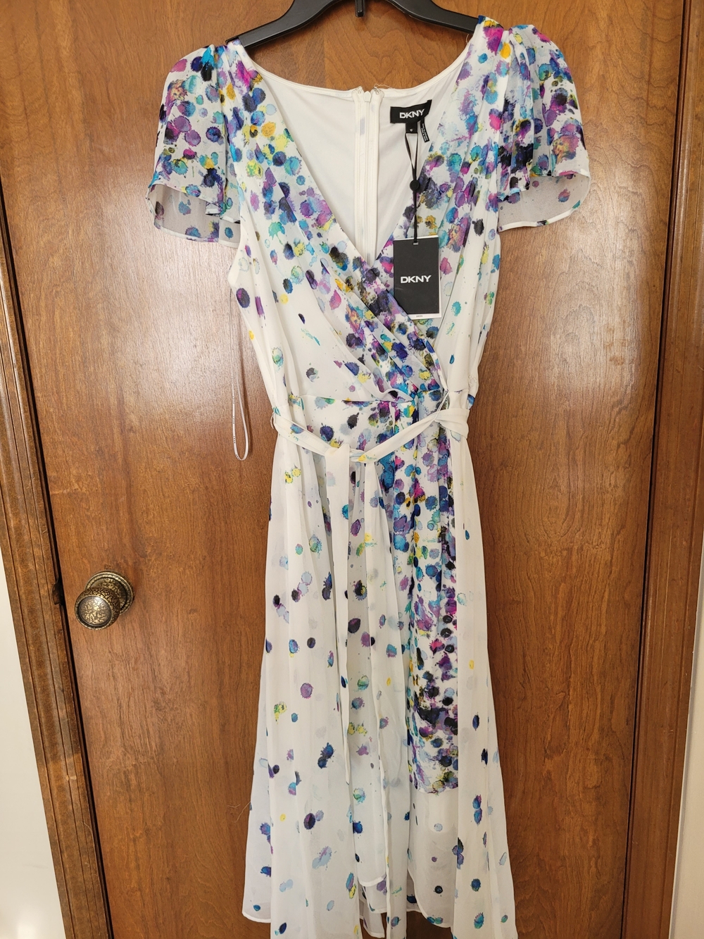DKNY White Midi Wrap Dress with Purple & Blue Watercolor Dots